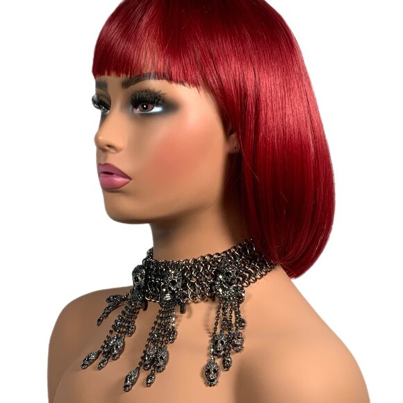 Natasha Gunmetal Pave Bib Statement Necklace Skulls Chainmail Choker Goth - Picture 3 of 17